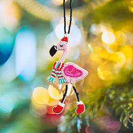 Felt Back Seed Beaded Santa Hat Flamingo Christmas Ornament