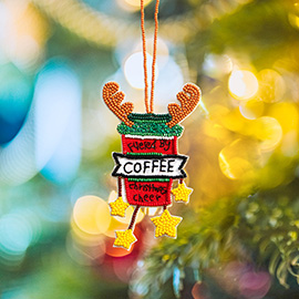 Christmas Cheer Message Felt Back Seed Beaded Rudolph Coffee Christmas Ornament