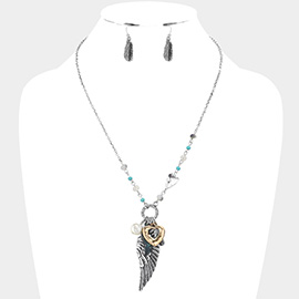 Pearl Feather Heart Angel Wing Pendant Necklace