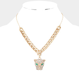 Stone Embellished Metal Leopard Pendant Chain Necklace