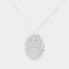 Rhinestone Embellished Metal Oval Pendant Necklace