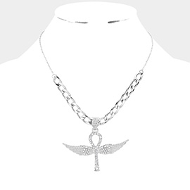 Rhinestone Embellished Metal Angel Wing Key Pendant Chain Necklace