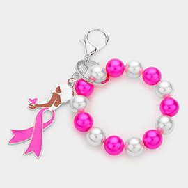 Pink Ribbon Afro Girl Pearl Stretch Keychain / Bracelet