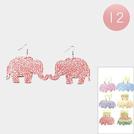 12Pairs - Message Wood Elephant Dangle Earrings