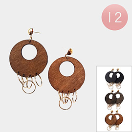 12Pairs - Wood Open Metal Circle Link Dangle Earrings