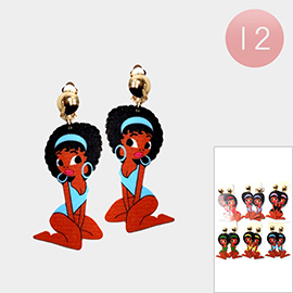 12Pairs - Wood Afro Girl Dangle Clip on Earrings