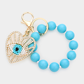 Evil Eye Centered Heart Beaded Stretch Keychain / Bracelet