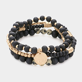 4PCS - Metal Disc Charm Semi Precious Stone Wood Ball Stretch Bracelets