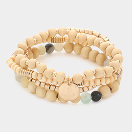 4PCS - Metal Disc Charm Semi Precious Stone Wood Ball Stretch Bracelets