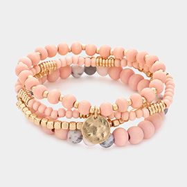 4PCS - Metal Disc Charm Semi Precious Stone Wood Ball Stretch Bracelets