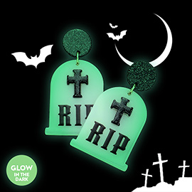 Glow in The Dark RIP Message Cross Pointed Tomb Dangle Earrings