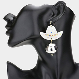 Glittered Cowboy Hat Disco Ball Link Dangle Earrings