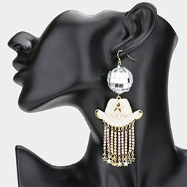 Disco Ball Glittered Cowboy Hat Rhinestone Metal Star Fringe Dangle Earrings