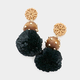 Wood Raffia Ball Dangle Earrings