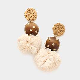 Wood Raffia Ball Dangle Earrings