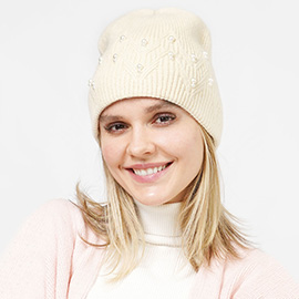 Pearl Embellished Knit Beanie Hat