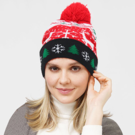 Deer Snowflake Christmas Tree Pom Pom Beanie Hat