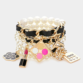 5PCS - Flower Lipstick Perfume Charm Pearl Stretch Bracelets