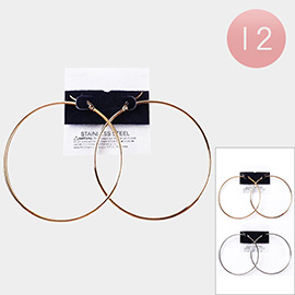 12Pairs - Stainless Steel 2.75 Inch Hoop Pin Catch Earrings