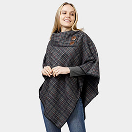Plaid Patterned Coconut Button Poncho