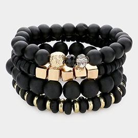4PCS - Wood Ball Metal Beaded Stretch Bracelets