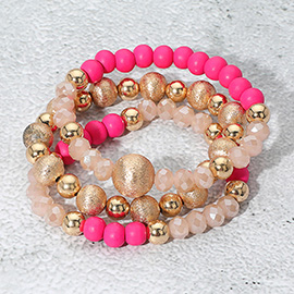 3PCS - Frosted Metal Ball Wood Faceted Beaded Stretch Bracelets
