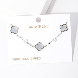 White Gold Dipped Mother of Pearl Quatrefoil Station Bracelet