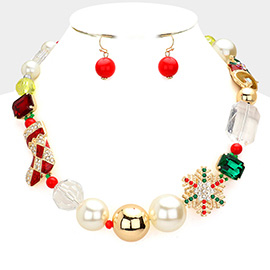 Christmas Socks Snowflake Jingle Bell Pointed Pearl Metal Ball Necklace