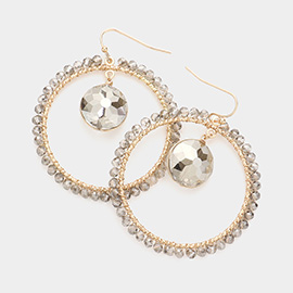 Round Stone Accented Faceted Bead Trimmed Open Circle Dangle Earrings
