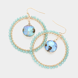 Round Stone Accented Faceted Bead Trimmed Open Circle Dangle Earrings