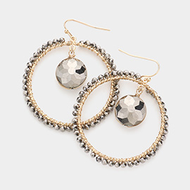 Round Stone Accented Faceted Bead Trimmed Open Circle Dangle Earrings