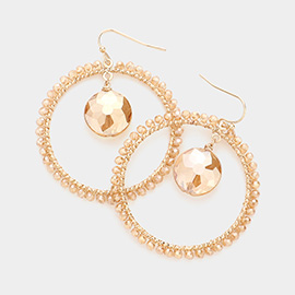 Round Stone Accented Faceted Bead Trimmed Open Circle Dangle Earrings