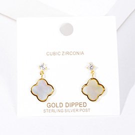 Gold Dipped CZ Stone Mother of Pearl Quatrefoil Link Dangle Earrings