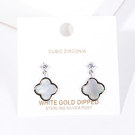 White Gold Dipped CZ Stone Mother of Pearl Quatrefoil Link Dangle Earrings