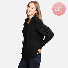 Solid Colored Ribbed Drawstring Hoodie Sweater