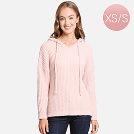 Solid Colored Ribbed Drawstring Hoodie Sweater