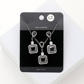 CZ Teardrop Square Link Pendant Necklace