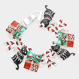 Glittered Christmas Gift Candy Cane Cat Link Magnetic Bracelet