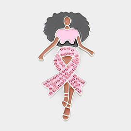 Pink Ribbon Accented Enamel Metal Afro Girl Pin Brooch