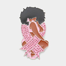 Pink Ribbon Accented Enamel Metal Afro Girl Pin Brooch