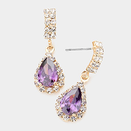 CZ Embellished Curved Bar Teardrop Link Dangle Evening Earrings