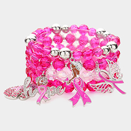 4PCS - Pink Ribbon Pointed Glove Afro Girl Angel Wing Hope Message Afro Girl Charm Faceted Beaded Stretch Bracelets
