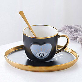 Evil Eye Heart Ceramic Tea Mug Cup and Saucer Set