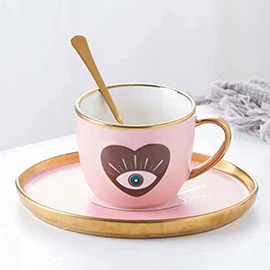 Evil Eye Heart Ceramic Tea Mug Cup and Saucer Set