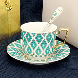 Geometric Patterned Ceramic Tea Mug Cup and Saucer Set