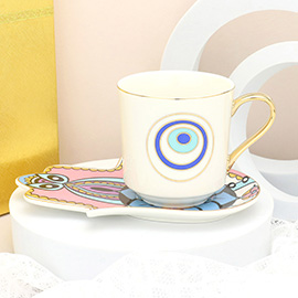 Evil Eye Hamsa Hand Ceramic Tea Mug Cup and Saucer Set