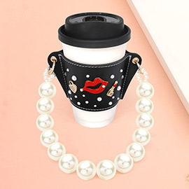 Heart Lock Lips Lipstick Coffee Cup Sleeve With Pearl Strap