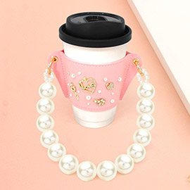 Flower Love Message Heart Lock Key Coffee Cup Sleeve With Pearl Strap