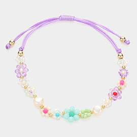 Pearl Faceted Beaded Flower Pull Tie Cinch Bracelet