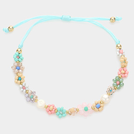 Pearl Faceted Beaded Flower Pull Tie Cinch Bracelet